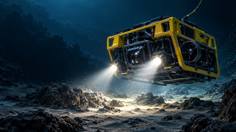 Concept art: a large yellow work-class ROV with twin lights hovering on its tether above a dark, rocky seabed in the deep ocean